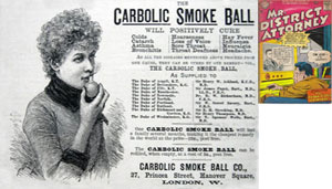 Two items from the Museum of Legal Ephemera include a copy of the carbolic smoke bomb ad, and a 1952 comic inspired by New York governor Thomas E. Dewey
