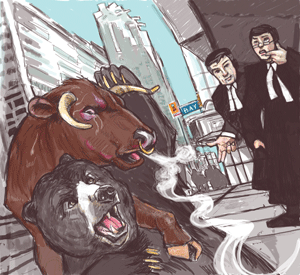 Bears have been running rough-shod over Bay St., but securities lawyers say things will eventually turn around for the bull. Illustration: Marianne Boucher.