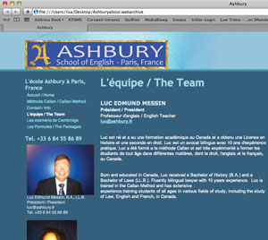 A screen capture saved from the Ashbury School of English web site indicates what Luc Barrick, identified here as Luc Messin, has been up to in France.