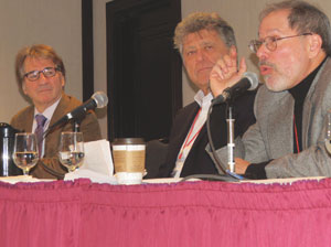 Michael Saks, right, addresses the topic of forensic science with fellow panellist Barry Scheck, left, and moderator Alan Gold at a conference marking the 20th anniversary of the Association in Defence of the Wrongly Convicted. Photo: Peter Small