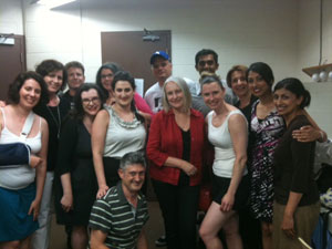 The cast posed for a photo with the real Seana McKenna after one of their performances at the Toronto Fringe Festival. From left to right: Keri Bennett, Catherine Wiley, Gavin Magrath, Melanie Herbin, Diane Baker Mason, Devin Jarcaig, Brent Vickar (kneeling), Peter Hamiwka, McKenna, Ajay Krishnan, Kerri Salata, Llana Nakonechny, Saroja Kuruganty, Satinder Besrai. Photo: Aline Madian.