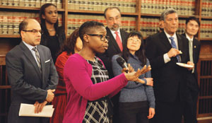 Renatta Austin, front, spoke at the Law Society of Upper Canada last week along with fellow bencher candidates, from left, Raj Sharda, Tanya Walker, Harry Mann, Avvy Go, and Raj Anand. Photo: Robin Kuniski